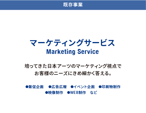 既存事業 マーケティングサービス Marketing Service 培ってきた日本アーツのマーケティング視点でお客様のニーズにきめ細かく答える。 ●販促企画 ●広告広報 ●イベント企画 ●印刷物制作 ●映像制作 ●WEB制作 など
