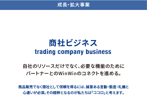 成長・拡大事業 商社ビジネス trading company business 自社のリソースだけでなく、必要な機能のためにパートナーとのWinWinのコネクトを進める。商品販売でなく商社として信頼を得るには、誠意ある言動・態度・礼儀と心遣いが必須。その根幹となるのが私たちは「ココロ」と考えます。